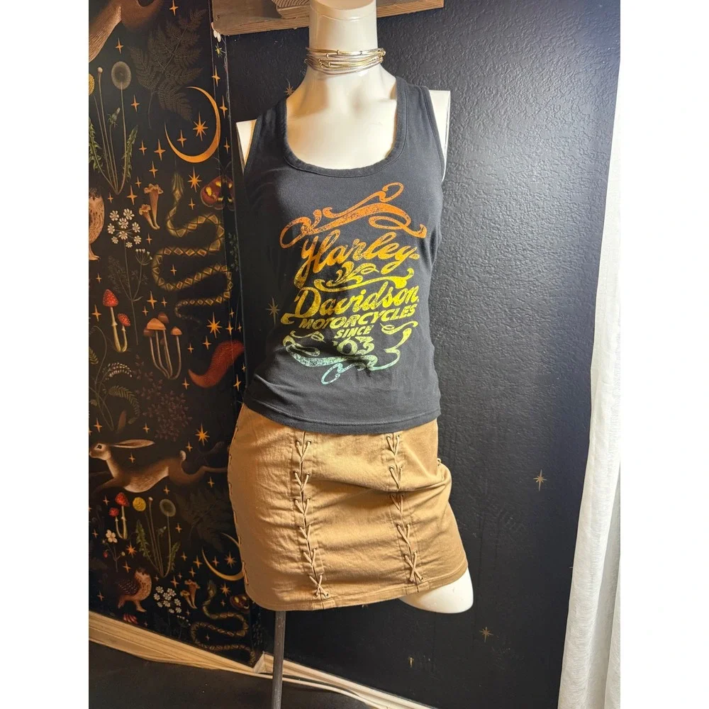 Harley-Davidson Womens Black Lace Up Back Graphic Tank Top Rainbow Logo Small